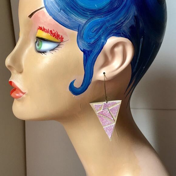 Artisan Handmade Pink and gold Geometric leather statement earrings. - Picture 2 of 10